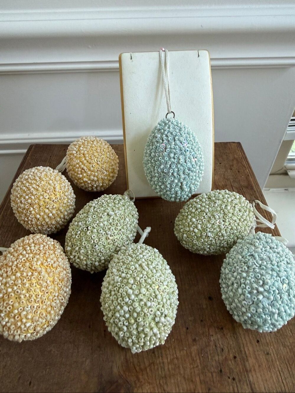 8 Oval Shape Ornaments Beaded Sequin Pastel Christmas Easter